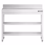 Mesa de trabalho em aço inoxidável PREMIUM - 800x600mm - com prateleira inferior & com painel traseiro & com prateleira intermédia & com travessas de reforço