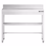 Mesa de trabajo de acero inox.  PREMIUM - 0,8 m - con zócalo, estante intermedio y travesaños bajos