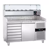 Table réfrigérée à pizza ECO - 1500 x 800 mm - avec 1 porte et 7 tiroirs - incl. vitrine réfrigérée - 6 x GN 1/3