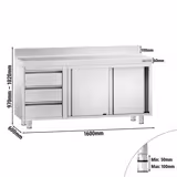 Mesa armario inox PREMIUM - 1600x600mm - con estante intermedio|con 3 cajones izquierda & con peto