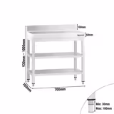 Tavolo da lavoro in acciaio inox PREMIUM - 700x700 mm - con ripiano inferiore, alzatina e ripiano intermedio