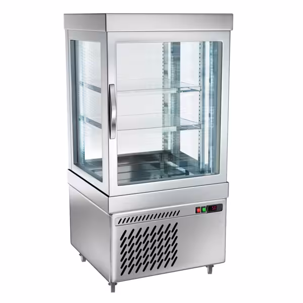 Vetrina Refrigerata Verticale 4 Lati Vetro – Panoramica Professionale - per torte - 230l - 670mm - con 2 ripiani rotanti - LED interni; 4 lati vetro
