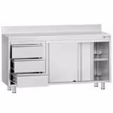 Table armoire en acier inoxydable ECO - 1400x600mm - avec 3 tiroirs à gauche et portes coulissantes et étagère basse - avec dosseret