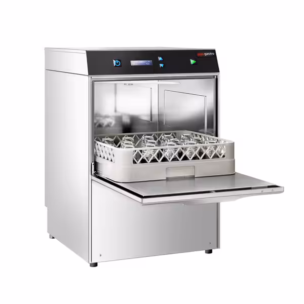 Dubbelwandige Compacte glazenspoelmachine - Mechanisch - 2,97kW - met afvoerpomp, wasmiddel- & glansspoelmiddeldoseerpomp