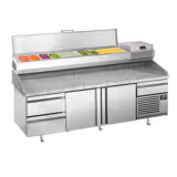 Table réfrigérée à pizza Premium PLUS - 2305 x 800 mm - avec 2 portes & 3 tiroirs - incl. vitrine réfrigérée de présentation - 10x GN 1/3