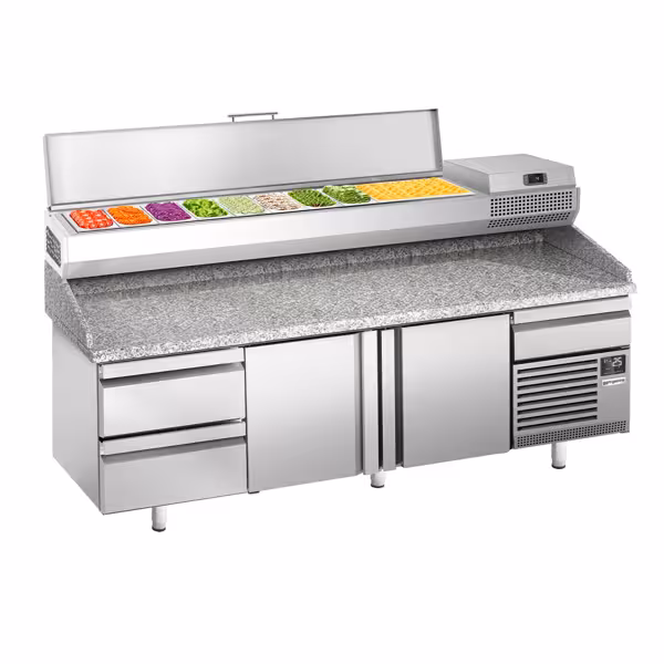 Commercial Pizza Prep Counter - Granite Top PREMIUM PLUS - 3305x800mm - with 3 doors & 3 drawers - incl. refrigerated topping unit - 10x GN 1/3