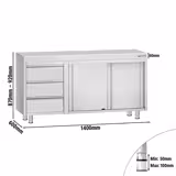 Table armoire en acier inoxydable ECO - 1400x600mm - avec 3 tiroirs à gauche et portes coulissantes et étagère basse