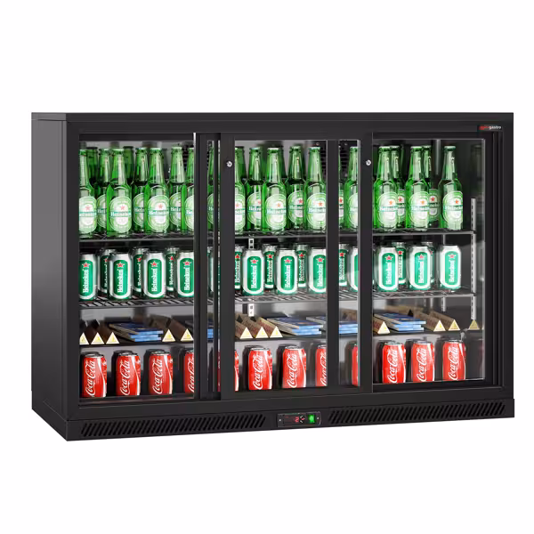 Bancada refrigerada para bar - 1350mm - 320L - com 3 portas de correr em vidro - Exterior e interior preto