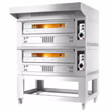 (2 uds) Horno de pizza a gas - 2 cámaras - piedra refractaria - 9+9x Ø33cm - 230V - Manual - hasta 370°C - incl. campana de acero inox & bastidor inferior - con iluminación