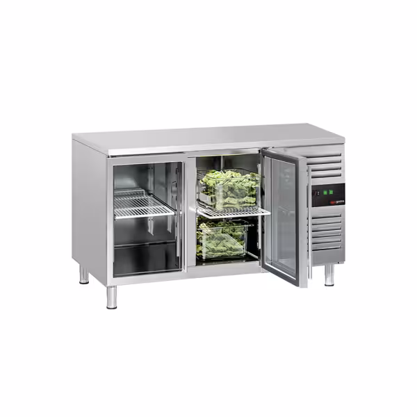 Hűtött munkaasztal ECO - 1360x700 mm - GN 1/1 - 282 liter - ventilációs - 2 üvegajtóval