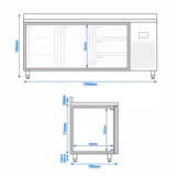 Koelwerkbank PREMIUM PLUS - 1960x700mm - met 2 deuren - met 3 lades - met opstand