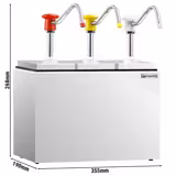 Kastikeannostelija - Ruostumaton teräs (kehikko), muovi (säiliöt) - 3 pumppua - 3x 2,50 l - 190x355x268 mm - säiliöllä - tippavarma nokka - sis. teräskehikon