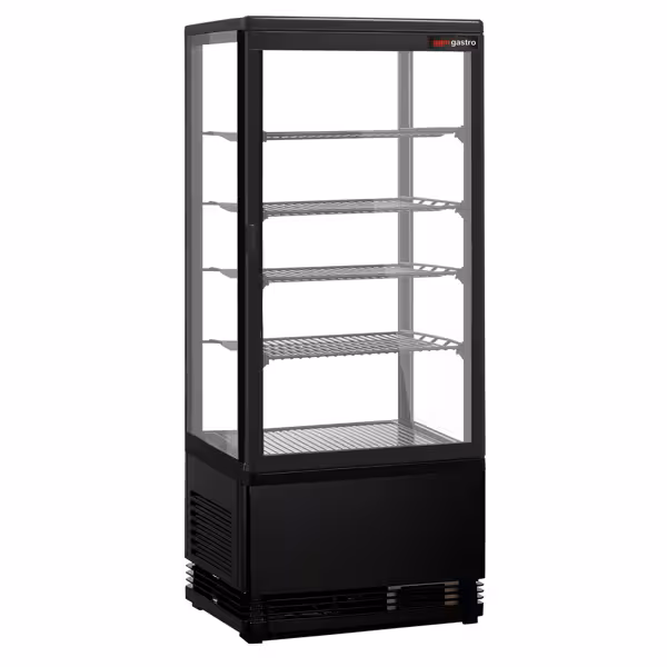 Vetrina refrigerata da banco - 98l - 428mm - 1 porta in vetro; Doppio vetro - con 4 ripiani - 4 lati vetro; LED interni; sbrinamento automatico; display temperatura digitale; ventilato - Nero