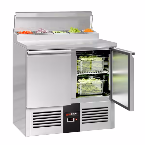 Přípravný chladicí stůl Mini PREMIUM - 900x700 mm - 2 dveře - pro 5× GN 1/6 - vč. 2× GN 1/1 rošt