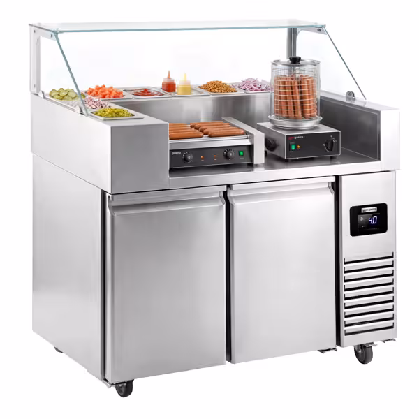 Banco preparazione refrigerato - 1210mm - 2 porte - per 9x GN 1/6 - incl. salsicce e Scalda wurstel