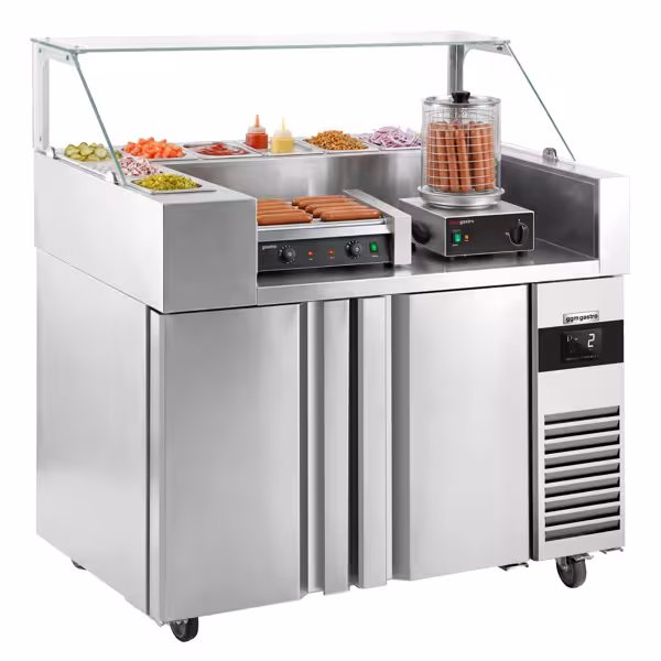 Saladette Kompakt - 1210x700 mm - glasöverdel - 2 dörrar - för 9x GN 1/6 - inkl. Hotdoggrill & -värmare