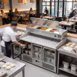 Pizzawerkbank ECO - 1400x700mm - met granieten werkblad - met 3 glazen deuren - incl. opzetkoelvitrine - 6x GN 1/4