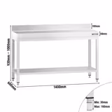 Mesa de trabajo de acero inox.  PREMIUM 1,4 m - con zócalo y estante inferior
