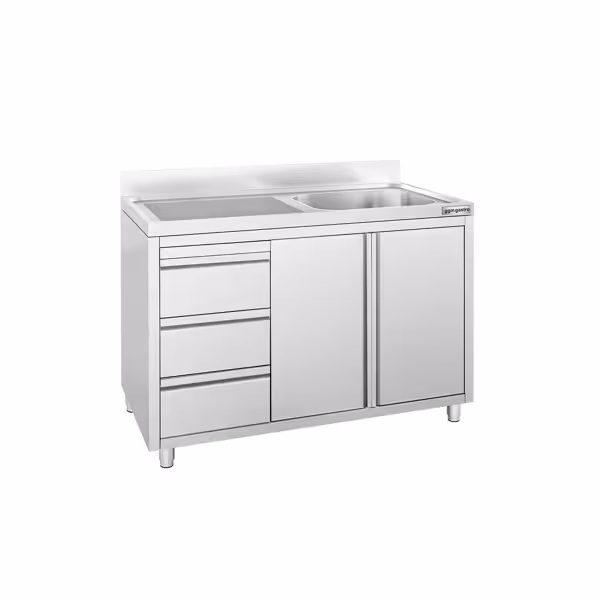 Spoelkast - RVS - 1200x600mm - 3 laden - met 1 spoelbak rechts