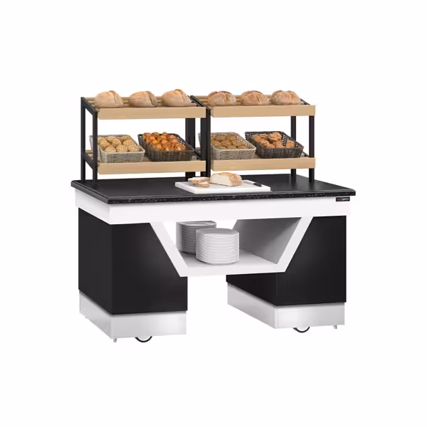 Banco buffet per pane BELFAST - 1600 mm - 2 ripiani - su ruote - nero opaco
