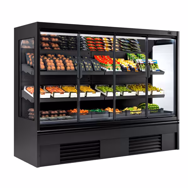 Murale Refrigerato Professionale - 2580mm - 740l - +4°/+6°C - con 4 porte a battente in vetrocamera & 2 ripiani - Nero