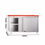 Armário de trabalho em aço inoxidável PREMIUM - 1,4 m - com porta de correr - inclui placa de corte  (Vermelho)