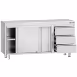 Työpöytäkaappi ECO ruostumattomasta teräksestä - 1600x700mm - 3 laatikkoa vasemmalla ilman koroketta