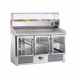 Rashladni pult za pripremu pizze ECO - 1400x700 mm - Sa 3 staklena vrata - Uklj. rashladnu nadograđenu vitrinu - 6x GN 1/4