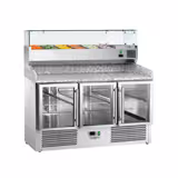 Commercial Pizza Prep Counter - Granite Top ECO - 1400x700mm - with 3 glass doors - incl. refrigerated topping unit with glass sneeze guard - 6x GN 1/4