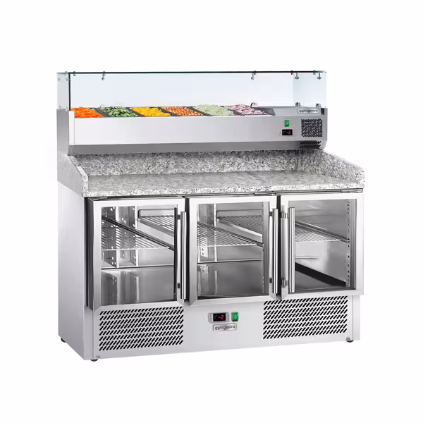 طاولة تحضير بيتزا مبردة ECO - 1400x700 mm - مع 3 أبواب زجاجية - سطح عمل جرانيت - شامل وحدة تبريد علوية - 6x GN 1/4