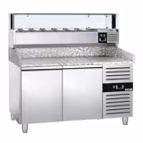 Pizzawerkbank PREMIUM - 1500x800mm - granieten werkblad - met 2 deuren - incl. koelopzetvitrine LED - 7x GN 1/4