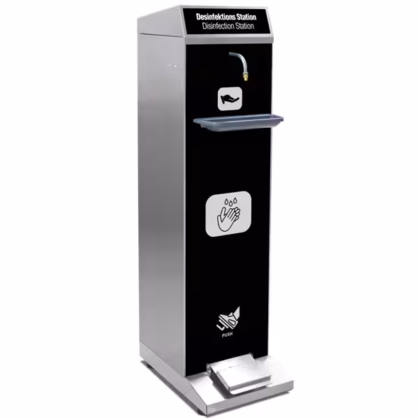 Hand Sanitiser Station - 5000–10000ml - Stainless steel - freestanding, foot pump/foot-operated, with drip tray, for hand sanitiser