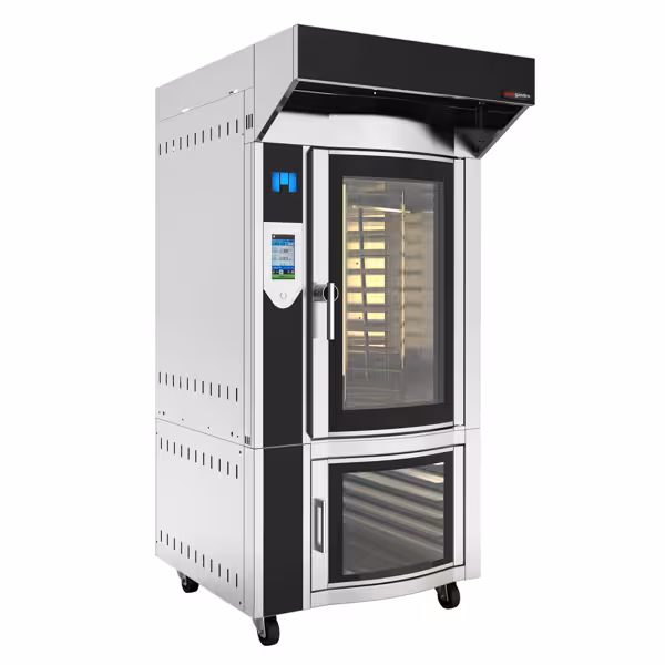 Four à chariot rotatif Électrique Four à convection avec injection d’eau - Écran tactile - 10 niveaux 600x400mm - Acier inoxydable - avec hotte & armoire de fermentation