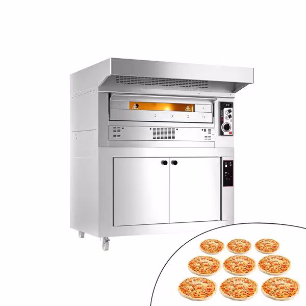 Gas pizzaoven (chamotte bakvloer) - 1450x1800x1400mm - 1 kamer - 1x9 pizza’s Ø33cm - tot 370°C - Handmatig - incl. rvs afzuigkap & rijskast
