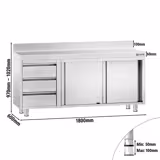 Table armoire en acier inoxydable PREMIUM - 1800x600mm - avec 3 tiroirs à gauche et portes coulissantes - avec dosseret