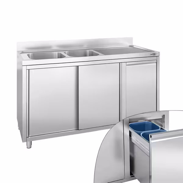 Commercial Sink Cabinet - Stainless Steel - 1600x600 - Waste Bin - 2 Bowls Left