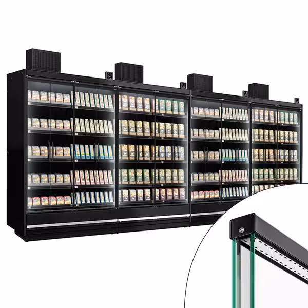 (4 pcs) Commercial multideck display fridge - 7500mm - with 4 hinged glass doors & 5 shelves - Black