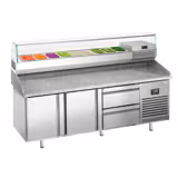 Commercial Pizza Prep Counter - Granite Top PREMIUM PLUS - 1980x700mm - with 2 doors & 2 drawers - incl. refrigerated topping unit with glass sneeze guard - 9x GN 1/4
