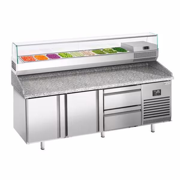 Pizzawerkbank PREMIUM PLUS - 1980x700mm - met granieten werkblad - met 2 deuren & 2 laden - incl. glasvitrine - 9x GN 1/4