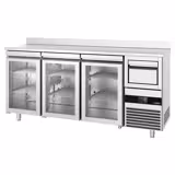 Bar- & Getränkekühltisch PREMIUM - 2130x600mm - mit 3 Glastüren, Aufkantung & Ausklopfer für Kaffee