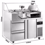 Comptoir de préparation réfrigéré professionnelle - 1210x700mm - avec 1 Porte & 2 Tiroirs - Vitrine de comptoir 9x GN 1/6 - incl. Gril de contact numérique & Machine à hamburger