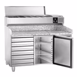 Table réfrigérée à pizza PREMIUM - 1500 x 800 mm - avec 1 porte et 7 tiroirs - incl. vitrine réfrigérée - 7 x GN 1/4