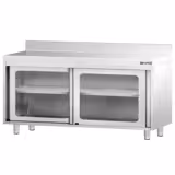 Pracovní skříň PREMIUM z nerezové oceli - 1600x700 mm - s posuvnými skleněnými dveřmi a obkladovým panelem