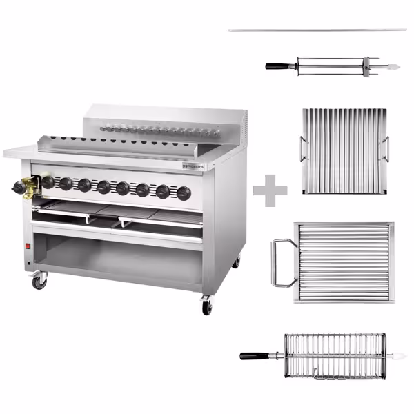 Grillstation – gasol - 36,20 kW - för Adana‑ och shishkebab - på underrede - i rostfritt stål - med 15 automatiskt roterande spett