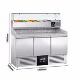 Pizzawerkbank PREMIUM - 1400x700mm - met granieten werkblad - met 3 deuren - incl. glasvitrine - 6x GN 1/4