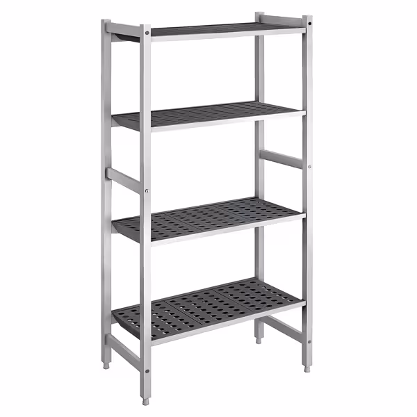 Aluminium/kunststof stelling - 660x1800mm - Diepte: 360mm - met 4 schappen (in hoogte verstelbaar) - Draagvermogen totaal: 900kg