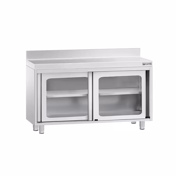 Gesloten RVS werktafel PREMIUM - 1200x600mm - met 2 glazen schuifdeuren - met achteropstand