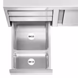 Mesa de trabalho PREMIUM - em Aço Inoxidável - 1,6 m - com 3 gavetas á esquerda e rebordo posterior