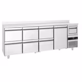 Bar- & Getränkekühltisch PREMIUM - 2690x600mm - mit 1 Tür, 6 Schubladen, Aufkantung & Ausklopfer für Kaffee