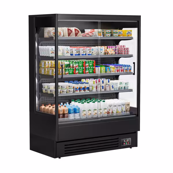 Murale Refrigerato Professionale - 1524mm - 693l - +1°/+5°C - con 2 porte scorrevoli in vetrocamera senza cornice & 4 ripiani - Nero